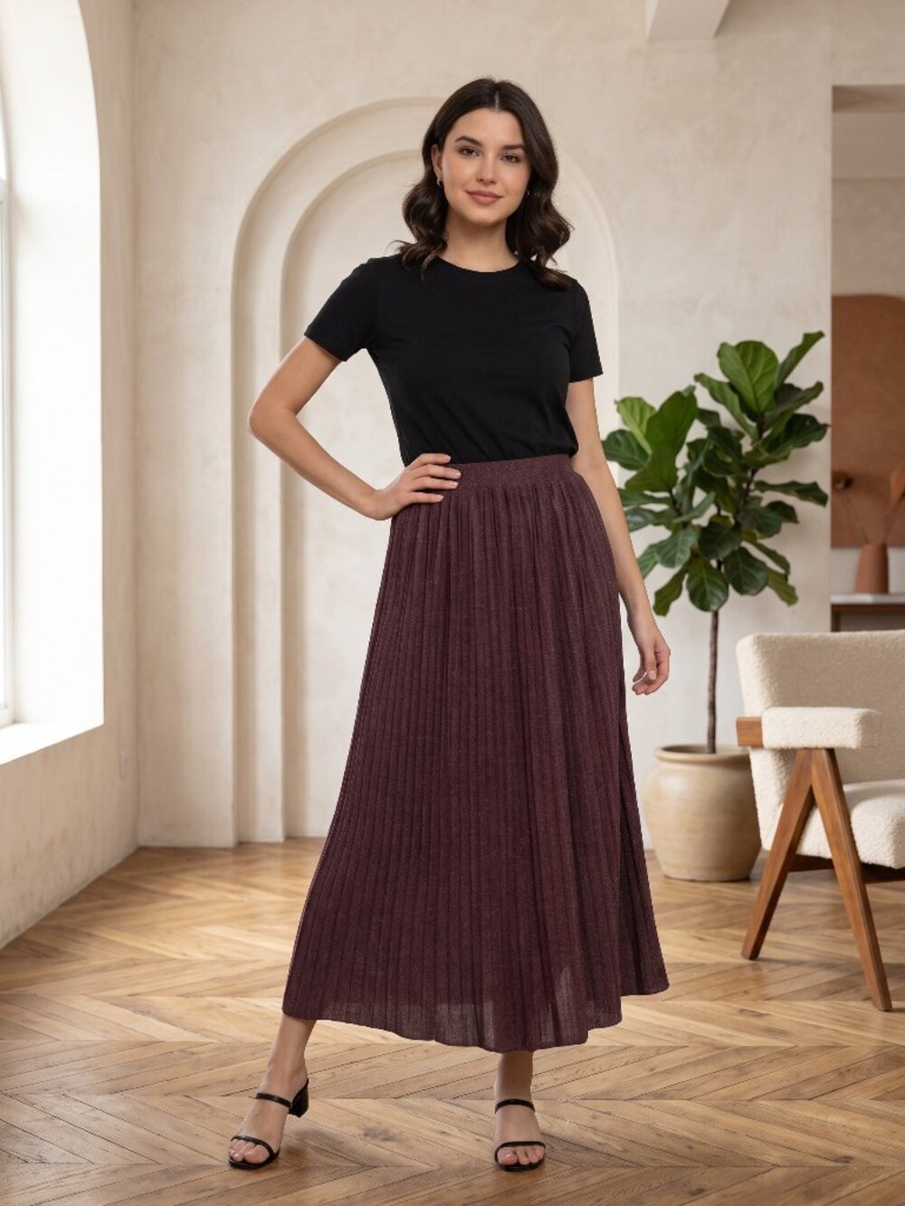 Pleione Burgundy Pleated Midi Skirt Quiet Luxury Dark Academia Small